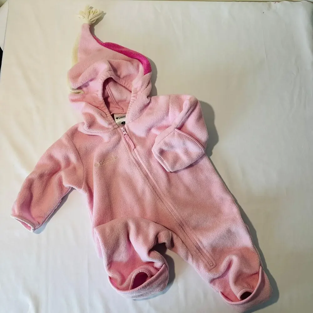 Columbia Pink Winter Zip Up Winter Fleece Bunting w/ Sock Hat Tassel Sz 6 mo